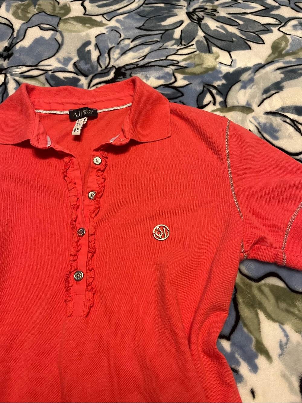 Armani Junior Coral Polo with Ruffle Placket